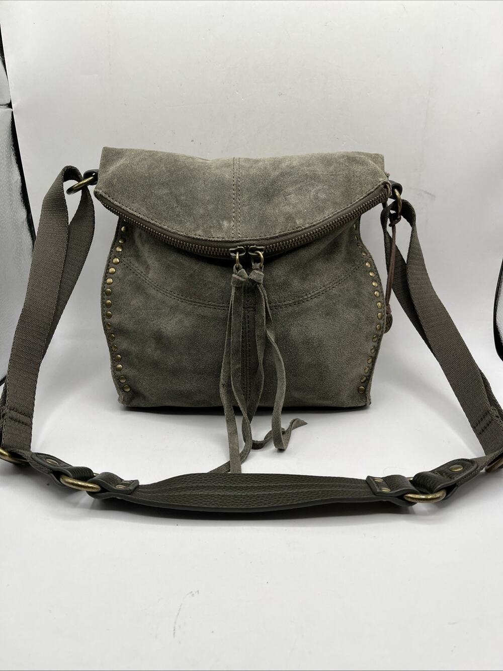 The Sak Purse Sage Green Suede Leather Medium Messenger Crossbody Bag NWOT